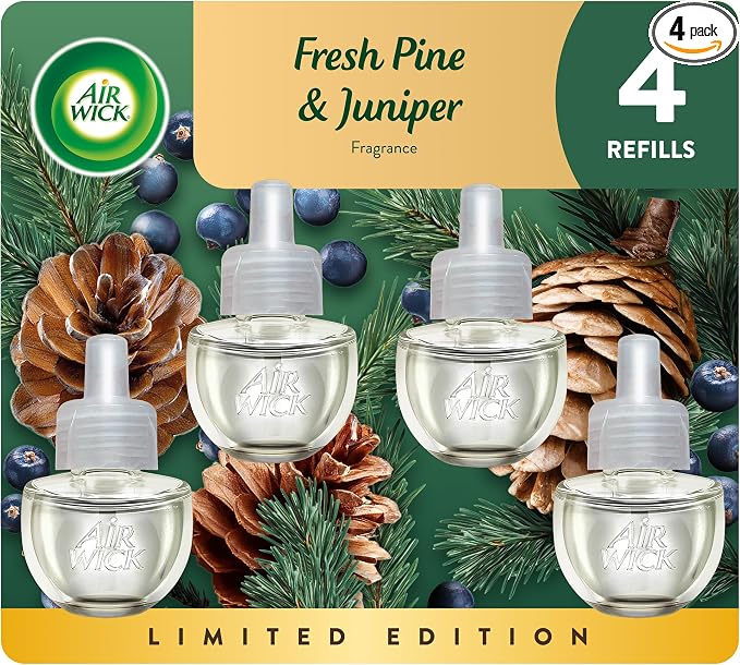 Air Wick Plug-In Scented Oil Refills, 4 Count, Fresh Pine and Juniper, Air Freshener, Essential Oils, Eco Friendly