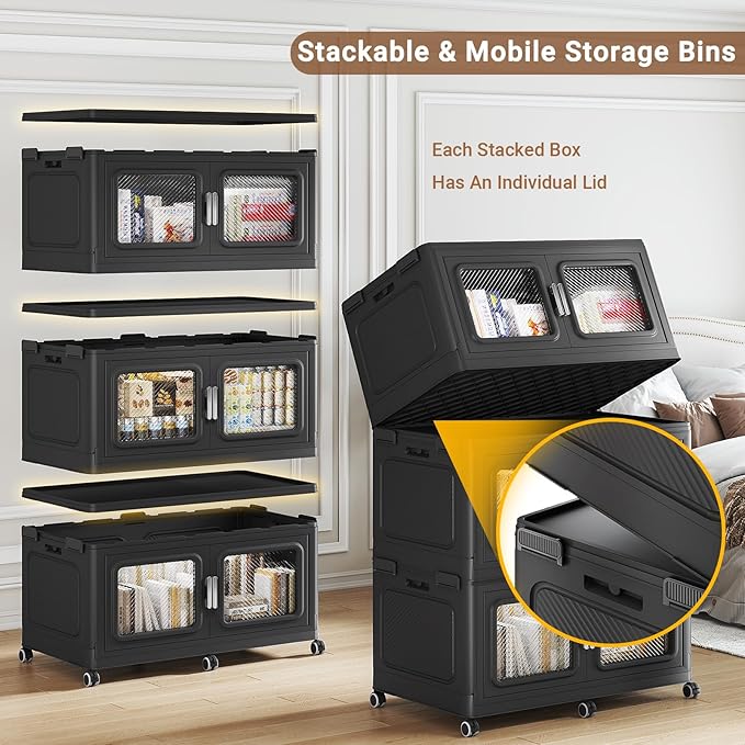 BROVIEW 220 Qt Stackable Storage Bin with Lids, 55Gal Extra Large Collapsible Storage Boxes, Folding Plastic Drawer, Heavy-Duty Store Cabinet, Closet Organizer for Home Kitchen, 1 Pack Black