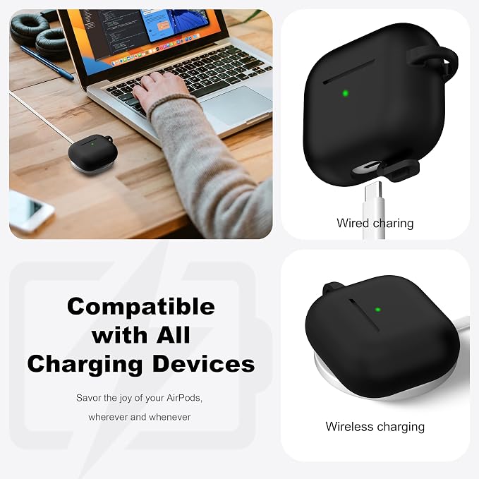 R-fun Compatible with AirPods 3 Case Cover, Silicone Protective Accessories Skin with Keychain Compatible with Apple AirPod 3rd Generation 2021 for Women Men Girls Boys,Front LED Visible,Black