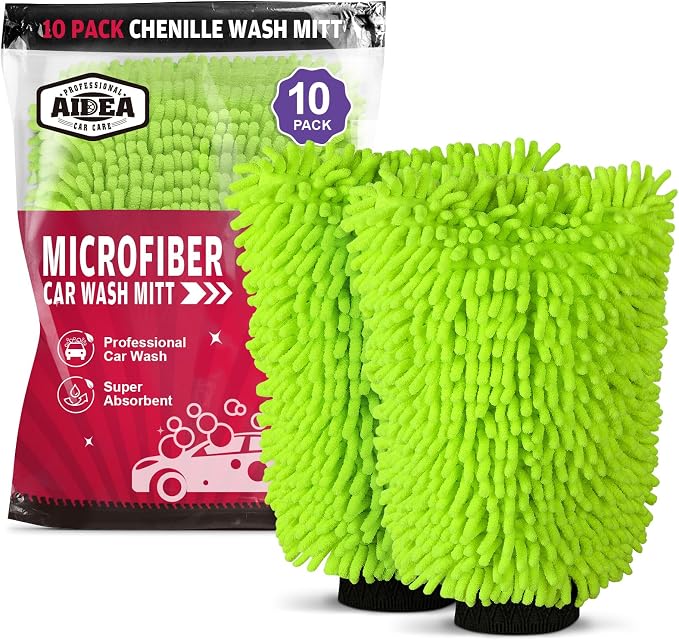 AIDEA Car Wash Mitt Microfiber, 10PK, Car Wash Brush, Green, 7.12''X10.14'' | Scratch Free Lint Free Premium Chenille Microfiber Mitt, Cleaning Supplies, Regular Size