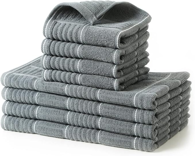 Glynniss Kitchen Towels and Dishcloths Set, Dish Towels and Dish Rags for Washing Dishes, for Cleaning Cooking Drying Pack of 8 (Grey)