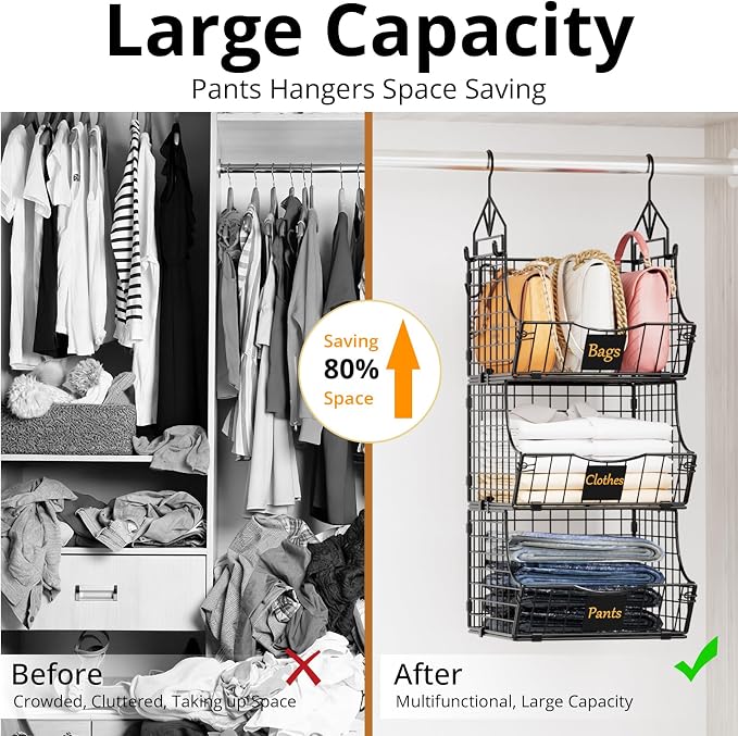 Hanging Closet Organizers and Storage, 5 Tier Closet Shelf Clothes Organizer with 2 S-Hooks, Multi-Functional Iron Wire Baskets, for Clothing, Sweaters, Handbags, Hat, Canned