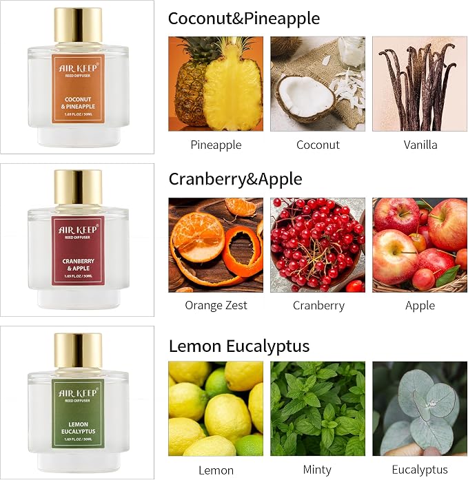 Reed Diffuser Set of 3, Coconut Pineapple Lemon Eucalyptus Cranberry Apple Oil Reed Diffusers for Bedroom Living Room Office Aromatherapy Oil Reed Diffuser for Gift 50ml x 3