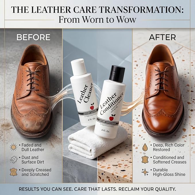 Apple Brand Leather Cleaner & Conditioner Kit, For Bags, Boots, Accessories | Wax-free cleaner and conditioner pair. Also for furniture, auto interiors, luggage and handbags.