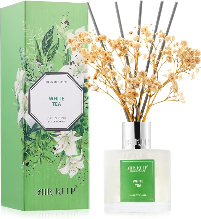 Reed Diffuser Set,3.38 fl oz (100 ml) - White Tea Oil Diffusers with 8 Reed Sticks, Home Fragrance Reed Diffuser for Bathroom Shelf Decor