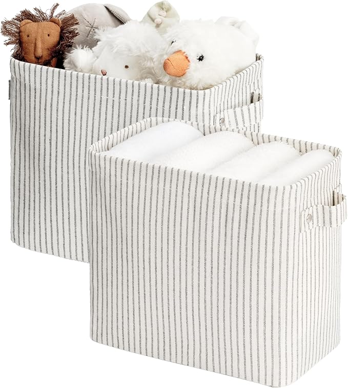 StorageWorks Narrow Storage Bins, Small Basket for Closet and Shelves, Rectangular Fabric Organizer with Handles, Toilet Paper Storage, Khaki and Beige Stripes, 2-Pack