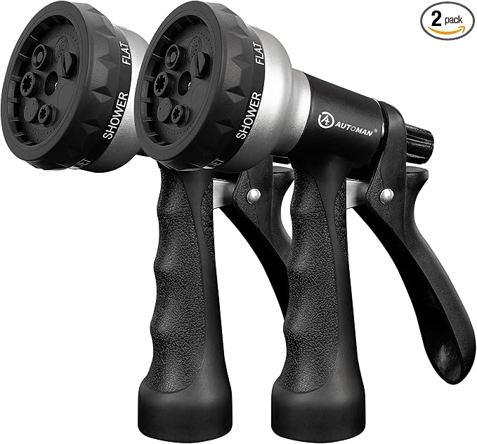 AUTOMAN-Garden-Hose-Nozzle, 2 Pack ABS Water Spray Nozzle, 7 Adjustable Watering Patterns, Slip Resistant for Watering Plants, Lawn& Garden, Washing Car, Showering Pets & Outdoor Fun.Silver Color