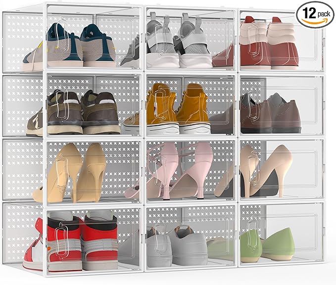 12 Pack XX-Large Modular Clear Plastic Stackable Shoe Storage Organizer for Closet, Space Saving Versatile Sneaker Shoe Rack Containers Bins Holders, Portable Closet Organizers and Storage, White