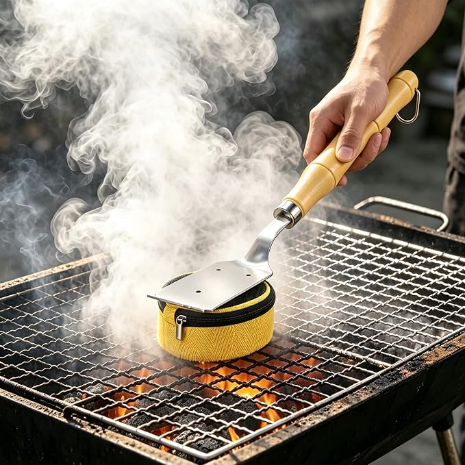 Grill Brush Bristle Free with Scraper, Safe Steam Grill Cleaner for BBQ & Griddle Fire Resistant Outdoor Grill Cleaning Brush with Replaceable Head & Long Handle, Ideal BBQ Gifts for Men Dad