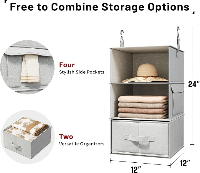 2 Pack 3-Shelf Hanging Closet Organizer with 2 Drawers, Silver Gray | Two Hanging Organizers with Fabric Drawers, Space-Saving Closet Storage for Clothes, Baby Items, Nursery and Dorm Rooms