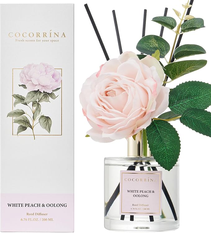 Flower Reed Diffuser - White Peach& Oolong 6.7oz Scented Diffuser with Sticks Home Fragrance Essential Oil for Bathroom Shelf Decor (Artificial Flower)