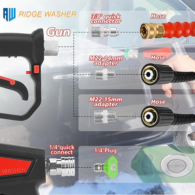 RIDGE WASHER Pressure Washer Gun 5000 PSI, 1/4'' Quick Connector | Power Washer Short Gun with 3/8" Quick Connect, 12 GPM, M22 Fitting