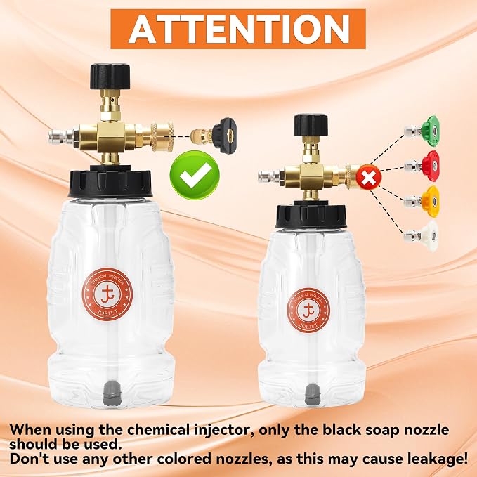 JOEJET Chemical Injector for Pressure Washer with 3 Curved Wands, 1 Liter | Adjustable Power Washer Soap Injector with Nozzle, 30°90°120° Stainless Steel Rods, 1/4 Inch Quick Connect, 3600 PSI
