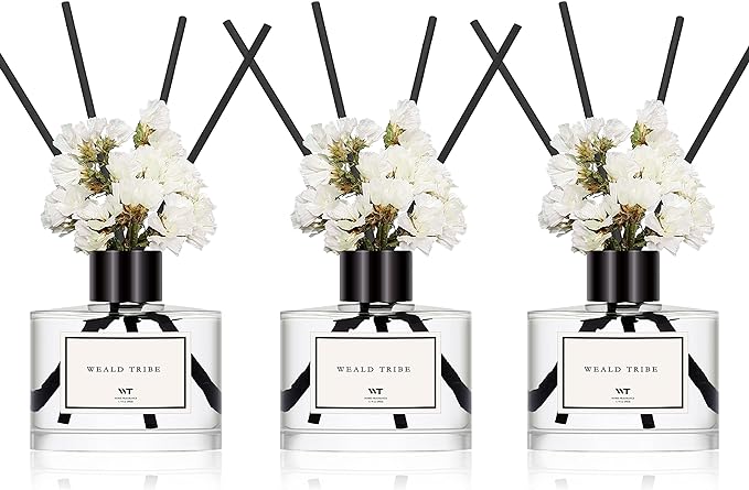 Real Flower Reed Diffuser Set of 3 for Bathroom Shelf Decor, Cashmere & Vanilla, Lemongrass, Eucalyptus & Mint Scent Sticks Defusers with Essential Oils | Home Fragrance(1.7 fl oz/Pack)