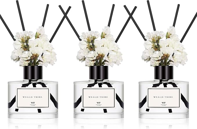 Flower Reed Diffuser Set Of 3 For Bathroom Accessories Shelf Decor Air Fresheners, Stick Defusers | Cashmere & Vanilla, Hotel White Tea, Tahitian Crown Flower Scent(1.7oz/Pack) Office Gift