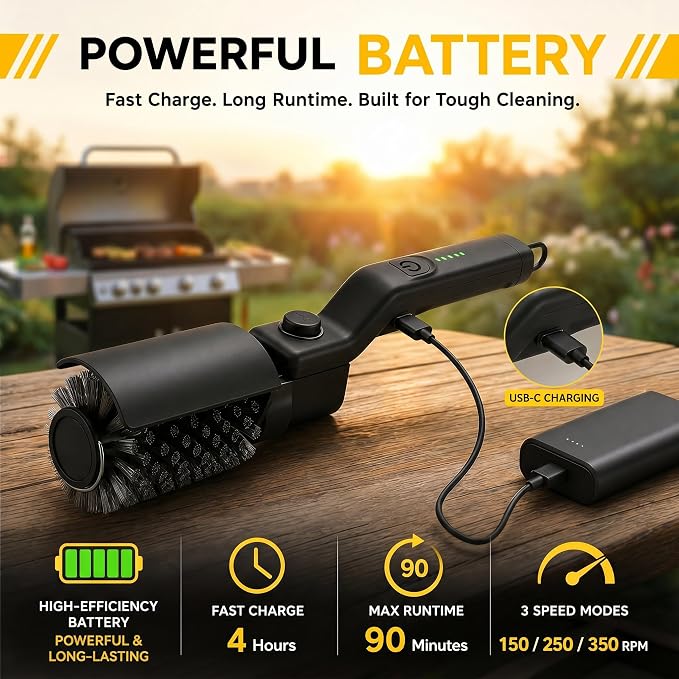 Upgraded Electric Grill Brush, Cordless Rechargeable Grill Cleaning Brush with Adjustable Angle, Stainless Steel Brush Head, 3-Speed Power, 90-Min Runtime, Waterproof Cleaner for BBQ Grates (Black)