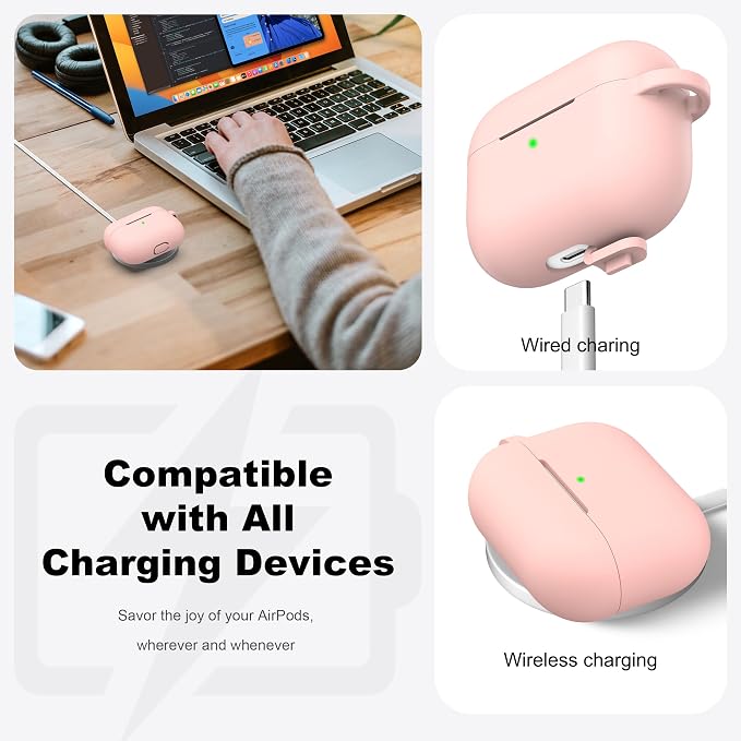 R-fun for AirPods Pro 2 Case, Soft Silicone Protective Cover with Keychain and Cleaning Pen, Compatible with AirPods Pro 2nd/1st Generation, Supports Wireless Charging, Sand Pink