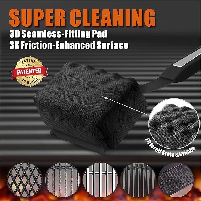 GRILLART Grill Brush Bristle Free. SteamWizards BBQ Replaceable Cleaning Head, Seamless-Fit Scraper Tools for Cast Iron/Stainless-Steel Grates Griddle, Safe Barbecue Grill Cleaner Brush-Dark Black