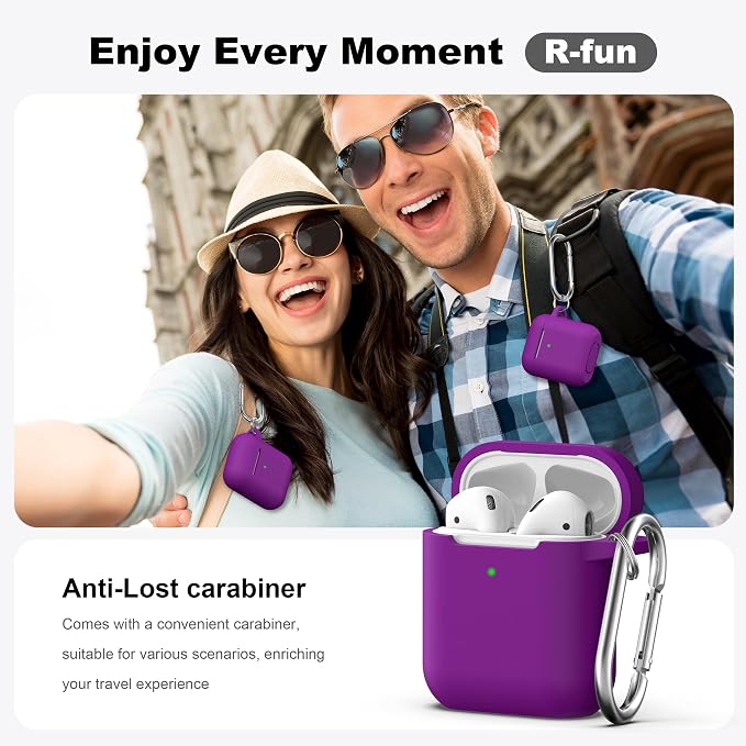 R-fun for AirPods 1/2 Case, Soft Silicone Protective Cover with Keychain and Cleaning Pen, Compatible with AirPods 2nd/1st Generation (2016/2019), Full Drop Protection Cover, Plum