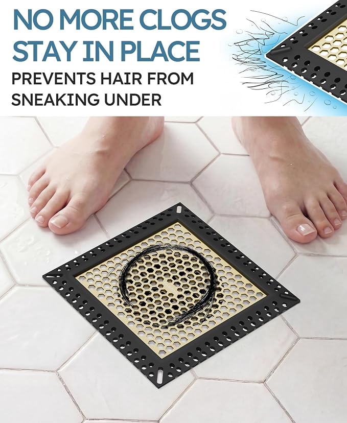 Square Shower Drain Hair Catcher, Flat Shower Drain Hair Catcher, Anti-Clogging Fast Drainage, Anti-Slip, Easy Clean Fits Bathroom Hair Catcher for Shower (Matte Black & Brushed Gold, 4 inch)