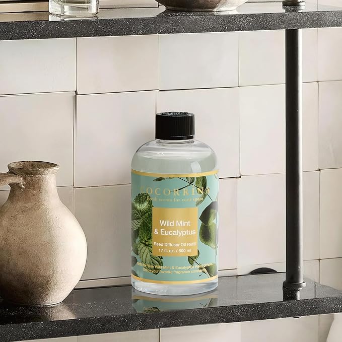 Reed Diffuser Refill Wild Mint & Eucalyptus 17oz (500ml) with 8 Sticks - Premium Long-Lasting Scented Oil, Home Fragrance for Bedroom, Bathroom Home Decor