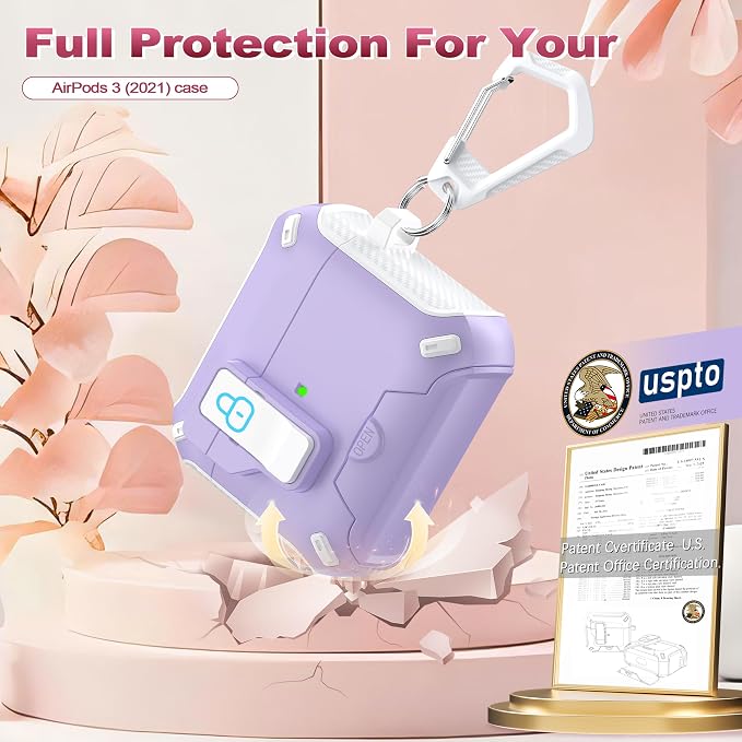 R-FUN for AirPods 3 Case with Lock Phone Stand Magnetic Lid, White+Pur | Compatible with Apple AirPods 3rd Generation (2019) Case with Cleaner Kit & Carabiner, Powerful Drop Protection