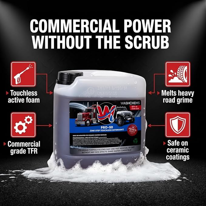 Wash Chems Pro50 Foam Cannon Car Wash - Touchless Detergent Soap - 1.06 Gal | Commercial Grade Auto Foam Cleaner, Car Wash Equipment Pressure Washer Soap, Concentrate Foam Cannon for Trucks & Tractors