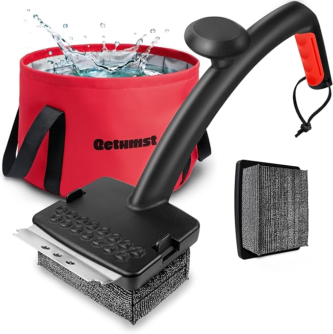 Qetumst Grill Brush Bristle Free with Collapsible Bucket, Steam BBQ Cleaning Kit & 3 in 1 Scraper, Extra Replaceable Head, Safe Outdoor Accessories for Cast Iron, Porcelain Grates
