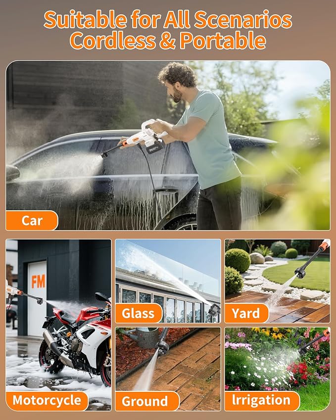Cordless Pressure Washer Battery Powered; 1200PSI Brushless Power Washer | Brushless Motor; 3 Power Level Adjustable; 6-IN-1 Nozzle; 23FT Elastic Hose; Washer for Car, Home, Patio, Driveway