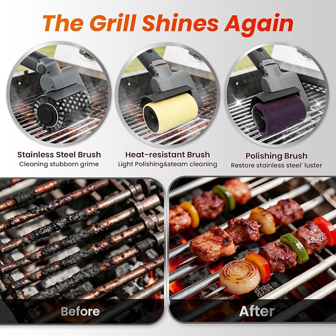 Electric Grill Brush for Outdoor Grill,150Mins Runtime BBQ Grill Cleaner with 3 Heads,3-Speed Control&Angle Adjust,Safe for Cast Iron/Stainless-Steel Grates,Ideal BBQ Gifts for Men/Dad