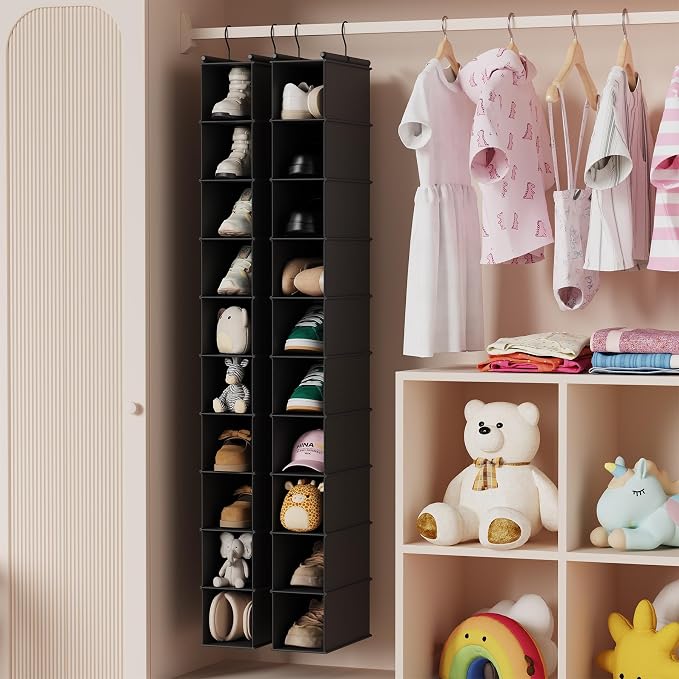 MAX Houser 10 Tier Foldable Hanging Shoe Organizer, Hanging Shoe Storage Shelf, Black