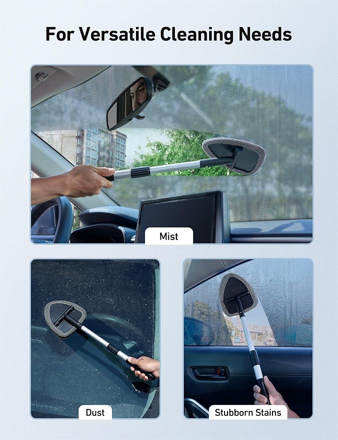 AstroAI 26" Super-Long Windshield Cleaner Tool & Car Interior Detailing Kit | Extendable Handle, 4 Reusable Microfiber Pads, Streak & Lint-free, Auto Glass Wiper Brush for Car & Home, Gray