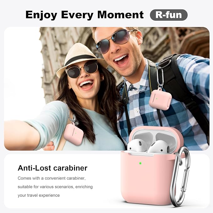 R-fun for AirPods 1/2 Case, Soft Silicone Protective Cover with Keychain and Cleaning Pen, Compatible with AirPods 2nd/1st Generation (2016/2019), Full Drop Protection Cover, Sand Pink