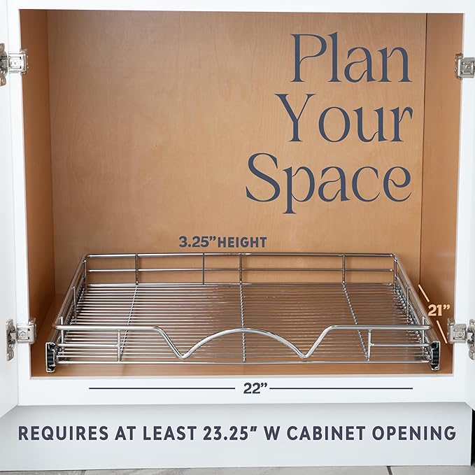 HOLDN’ STORAGE Pull Out Cabinet Organizer, Heavy Duty Caddy w/Lifetime Limited Warranty -22”W x 21”D - Requires At Least 23-1/4” Cabinet Opening, Steel Metal Cabinet Drawers Slide Out, Chrome