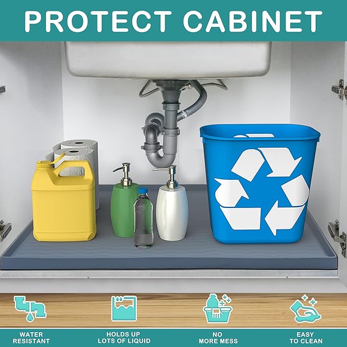 URMONA Waterproof Silicone Under Sink Mat 22'' x 22'' Shelf Liner for Kitchen and Bathroom, Cabinet and Counter Protector, Storage and Organizers, Litter Mat, Pet Cat Puppy Essentials(Light Grey)