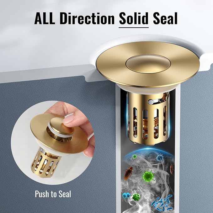 (2 Pc) 1s Installation - All Metal Bathroom Sink Stopper Fit 99% - 3 in 1 Universal Pop Up Stopper with Removable Stainless Steel Filter Basket Hair Catcher - Sink Stopper (Golden)