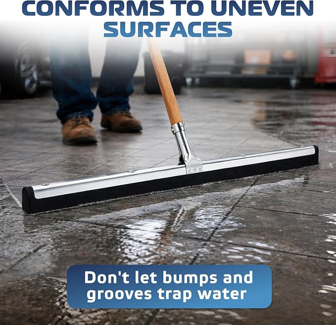 Uneven Surface Floor Squeegee 30’’, Double Foam Blade Garage Squeegee, Taper Pole Connection - Handle Sold Separately for Tiles, Concrete and Asphalt