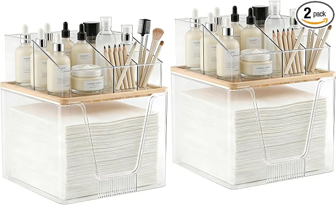 SPOSPO 2 in 1 Disposable Facial Towel Holder and Cosmetic Organizer | Clear Storage with Bamboo Lid Compatible with Clean Skin Club Towel XL, Vanity Organizer for Bathroom Vanity Counter (2 Pack)