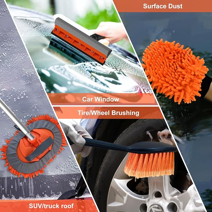 Buyplus 18FT Reach Car Wash Brush with Long Handle - Car Cleaning Kit with 3-12FT Extension Pole, Wheel Brush, Microfiber Cleaning Mop, Mitt, Window Squeegee for RV Truck SUV Boat Solar Pane Washing