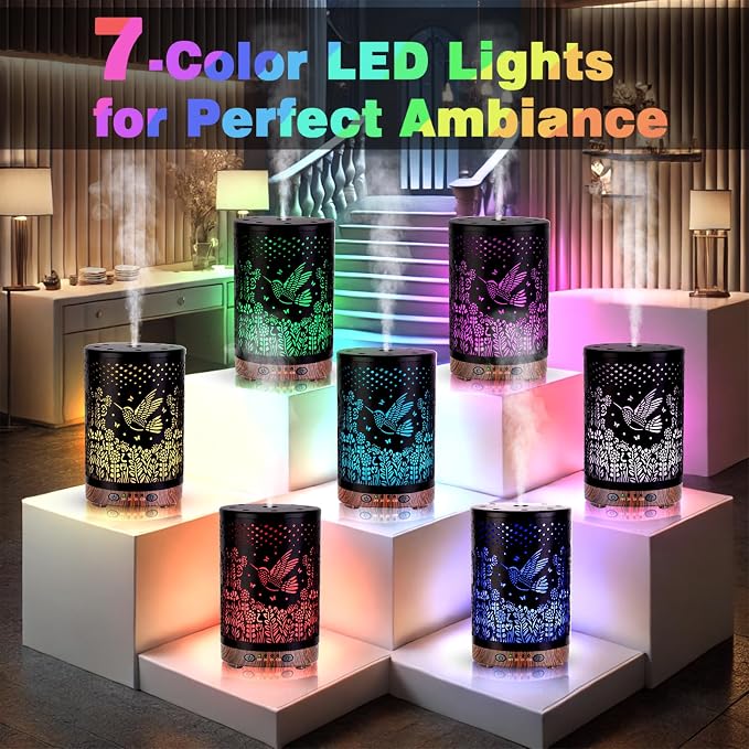 Essential Oil Diffuser 120ML Metal Aromatherapy Diffuser with Timer, Cool Mist Humidifier with Auto Shut-Off & 7 Color Lights for Home Office Spa (Bird)