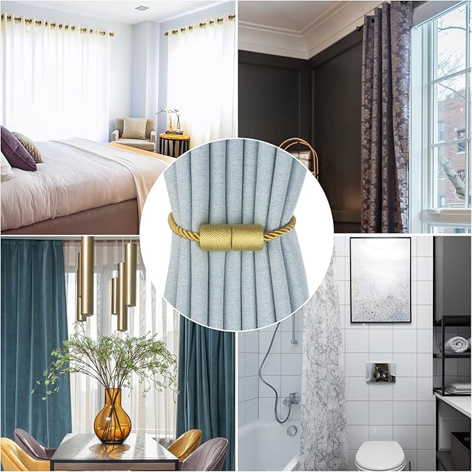 Magnetic Curtain Tiebacks 6 Pack Gold Curtain Rope Tieback Curtain Holders for Drapes Modern Tie Backs Decorative Curtain Holdbacks