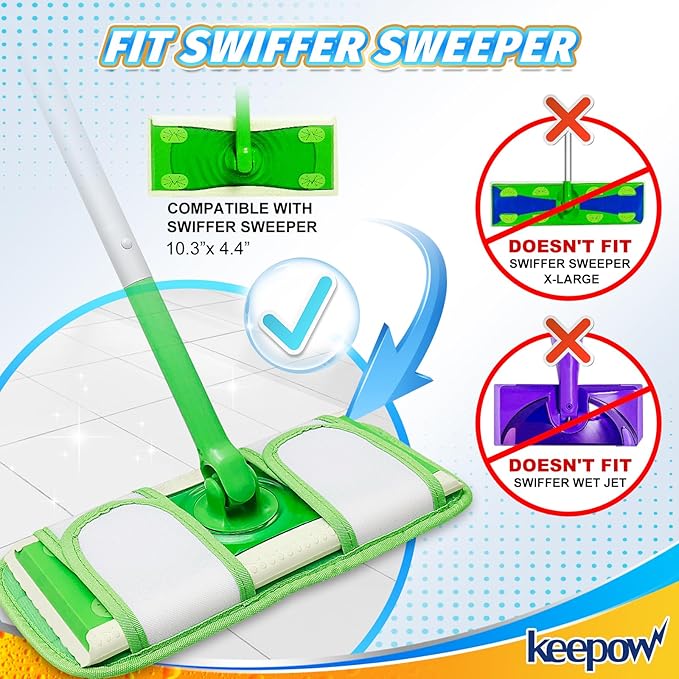 Reusable Pads Compatible with Swiffer Sweeper Mops - Washable Microfiber Mop Pad Refills - 12 Inch Floor Cleaning Mop Head Pads Work Wet and Dry - 5 Pack