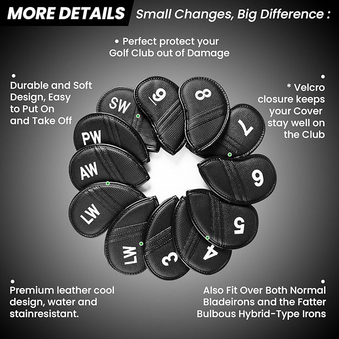 Amy Sport Golf Iron Head Covers Value 12 Pcs Set Thick Synthetic Leather, Protection Weatherproof Club Headcover Fit Universal Main Iron Wedge Golf Clubs for Men Women