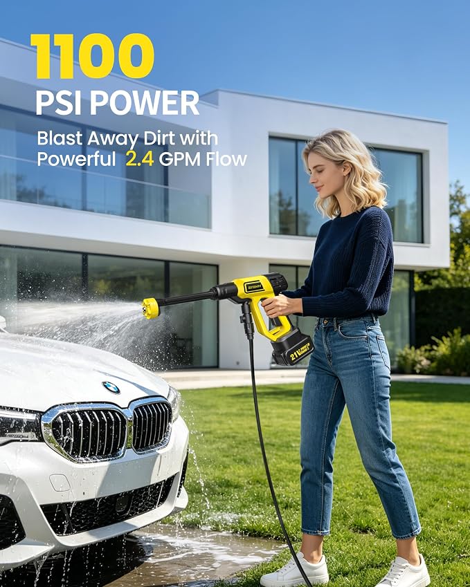 Cordless Portable Washer, Battery Operated Handheld Washer with 21V Battery & Charger, 1100 PSI, 6-in-1 Nozzle, Foam Pot, 23FT Hose, Car Washer for Home Garden Patio Driveway