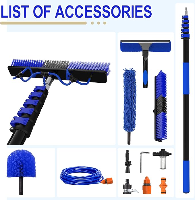 30FT Reach Solar Panel Cleaning Brush Kit with 5-24FT Telescoping Pole, 40FT Hose, 20" Water Fed Brush, Soap Dispenser, Cobweb Duster, Squeegee & High Ceiling Duster for Roof, RV, Gutter, Boat, Deck