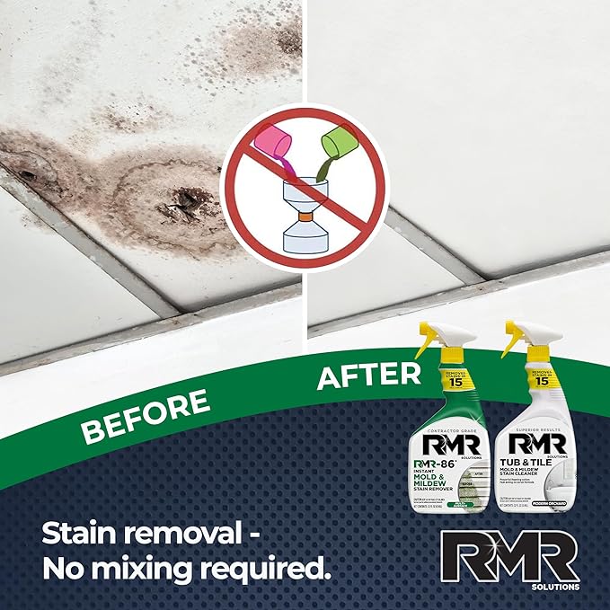 RMR Complete Mold & Mildew Stain Eraser System – No-Scrub Tub & Tile Cleaner + Instant Mold & Mildew Stain Remover Spray, Indoor/Outdoor Bathroom, Shower, Siding, & Deck Cleaning Kit, 2–32 Oz Bottles