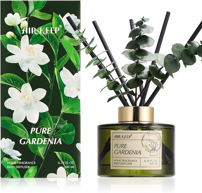 Reed Diffuser Set with 6.76 fl oz Pure Gardenia Scent Essential Oils and 3 Leaves & 8 Diffuser Sticks,Bathroom Shelf Decor & Air Freshener, House Bedroom Office Decor & Gifts