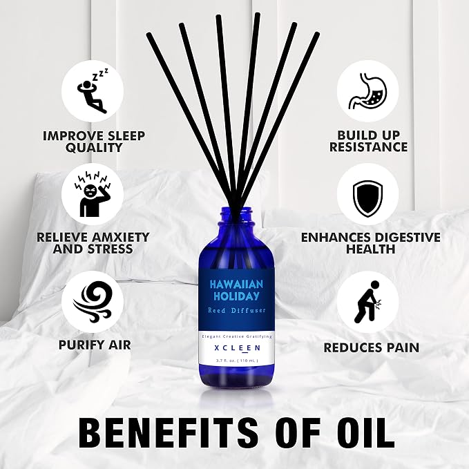 Xcleen Reed Diffuser Set for Home| 3.7 Oz(110ml) Hawaiian Holiday Fragrance Diffuser | with Mangoes, Pineapples, Peaches & Melons Scented Oil Sticks Diffuser, Air Fresheners for Home, Bathroom