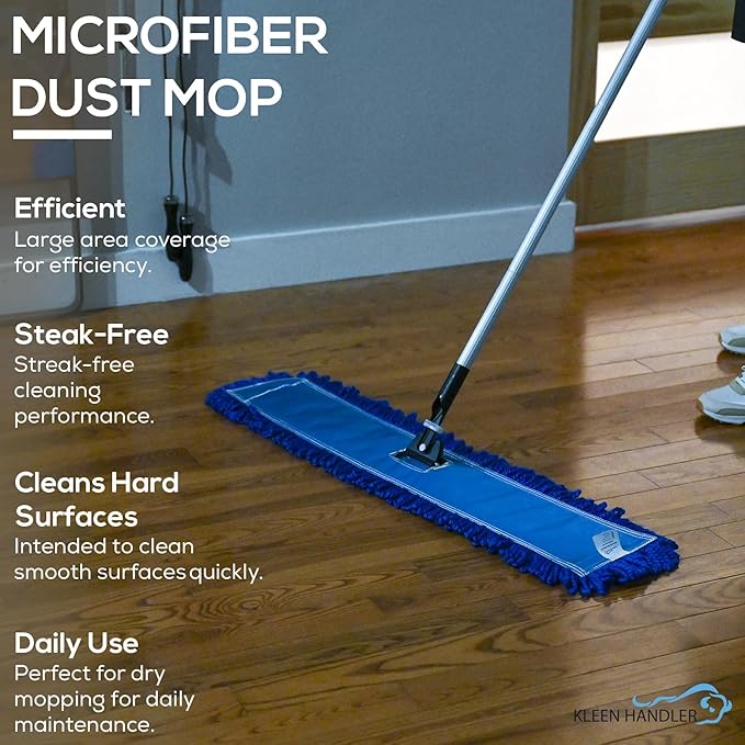 KLEEN HANDLER 18 Inch Microfiber Dust Mop, Large Washable Commercial Mop Head Replacement, Sweeper, Janitorial Supplies, Blue