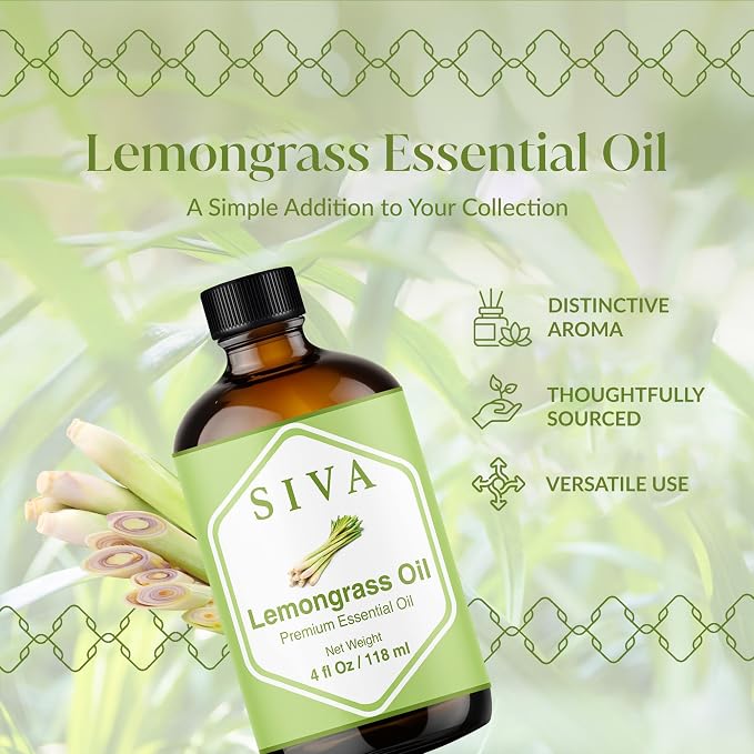 Siva Lemongrass Essential Oil, Glass Bottle with Dropper, 4 Fl Oz (118 ml) | Lemongrass Oil for Diffuser, Humidifier, Home Fragrance, Room Spray, Skin, Body Massage, Soap Making, Candle Making & DIY